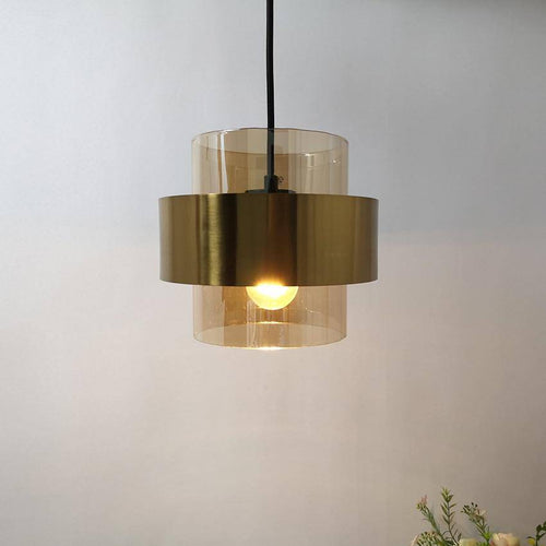 Suspension design LED avec cylindre en verre et metal doré - vue 3 sur 9