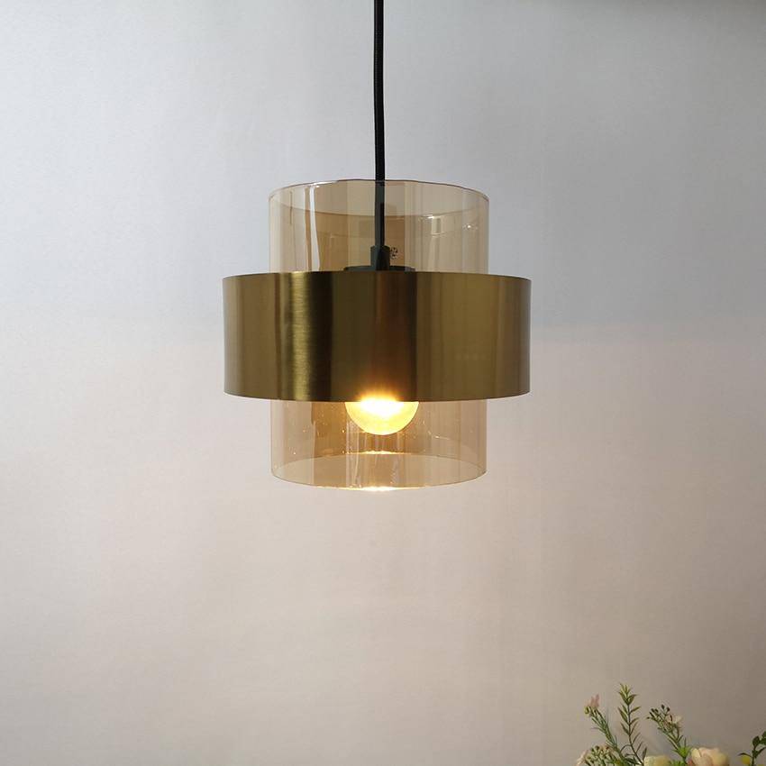 Suspension design LED avec cylindre en verre et metal doré - vue 2 sur 9