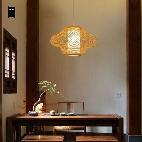 Suspension en rotin LED avec abat-jour aux formes arrondies - vue 2 sur 3