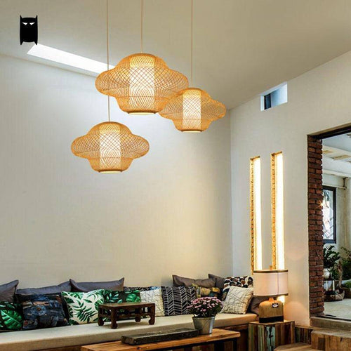 Suspension en rotin LED avec abat-jour aux formes arrondies - vue 3 sur 3