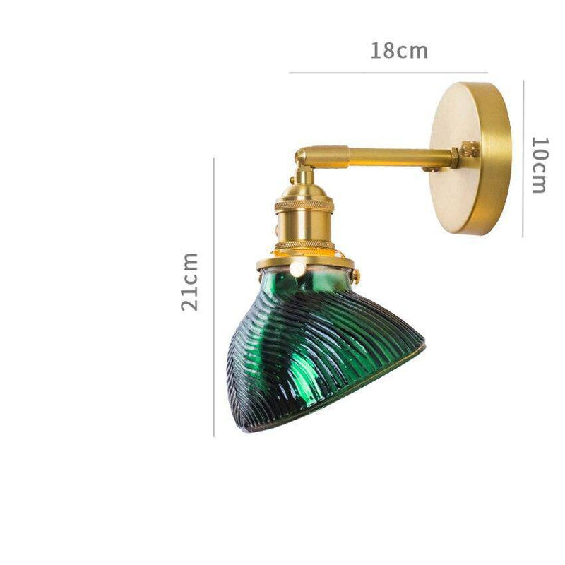 Applique murale design LED dorée avec bras rétro et abat-jour en verre émeraude