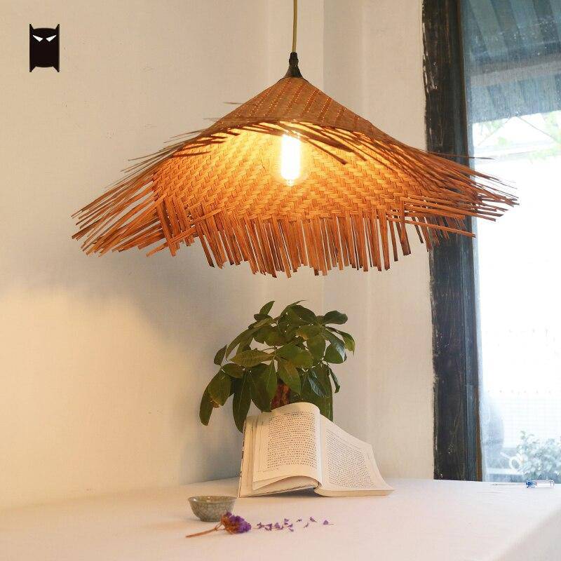 Suspension rustique LED avec abat-jour en rotin triangulaire style Asian - vue 3 sur 6