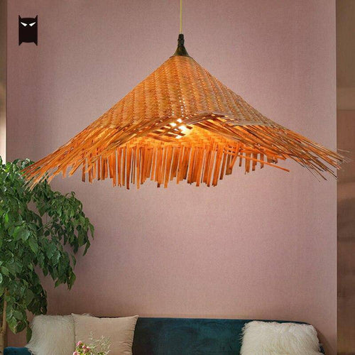 Suspension rustique LED avec abat-jour en rotin triangulaire style Asian - vue 4 sur 6