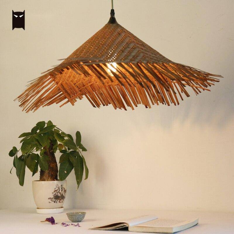 Suspension rustique LED avec abat-jour en rotin triangulaire style Asian - vue 5 sur 6