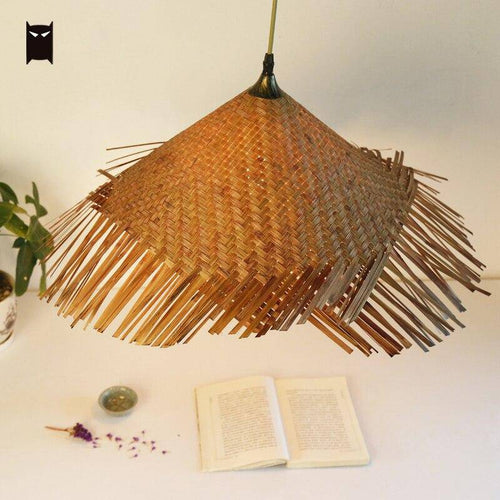 Suspension rustique LED avec abat-jour en rotin triangulaire style Asian - vue 2 sur 6