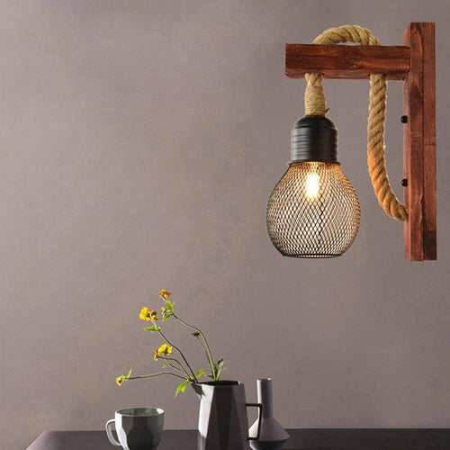 Applique murale rustique LED en bois avec cordage rétro - vue 3 sur 5