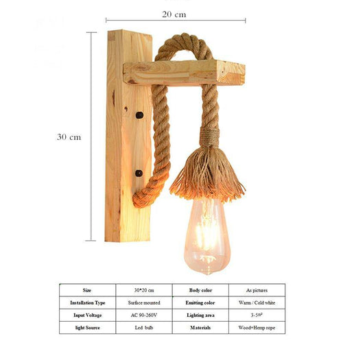 Applique murale rustique LED en bois avec cordage rétro - vue 4 sur 5