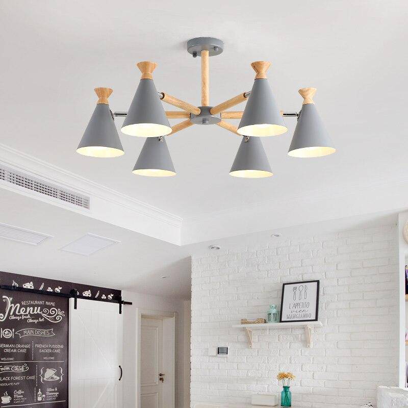 Lustre moderne à LED en bois avec abat-jour métal coloré