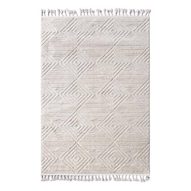 Tapis rectangle berbère blanc à motifs carreaux en relief et franges - vue 5 sur 6