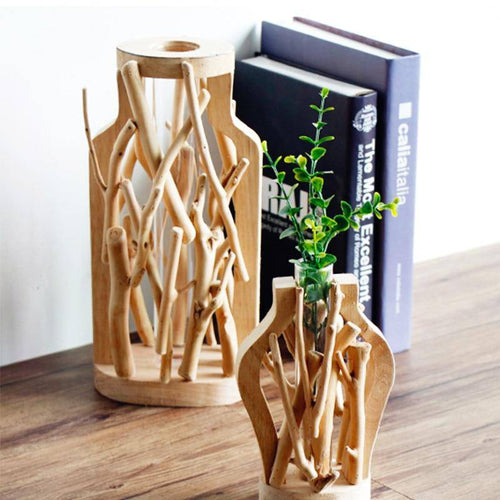 Vase design en verre avec socle en bois style Hydro