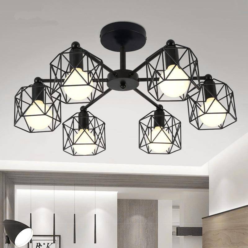 Plafonnier vintage noir avec lampes en cage - vue 2 sur 7