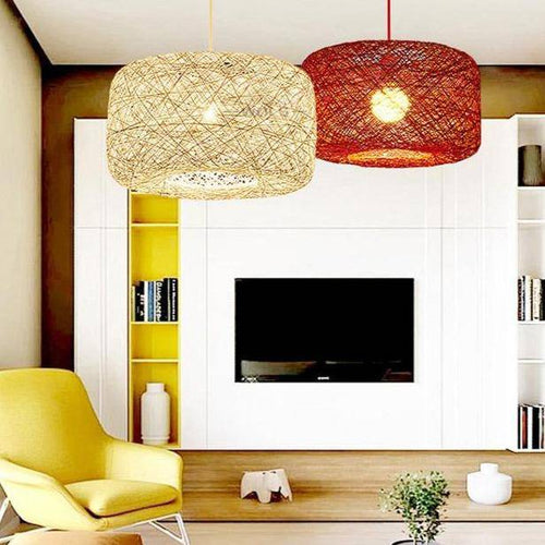 Suspension en rotin LED avec abat-jour arrondi coloré - vue 4 sur 9