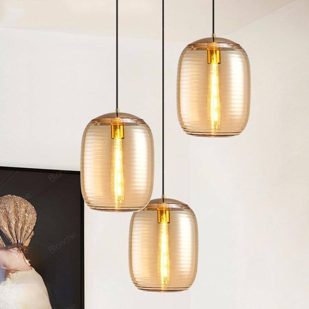 Suspension design LED en verre oval à traits et métal industriel - vue 4 sur 8