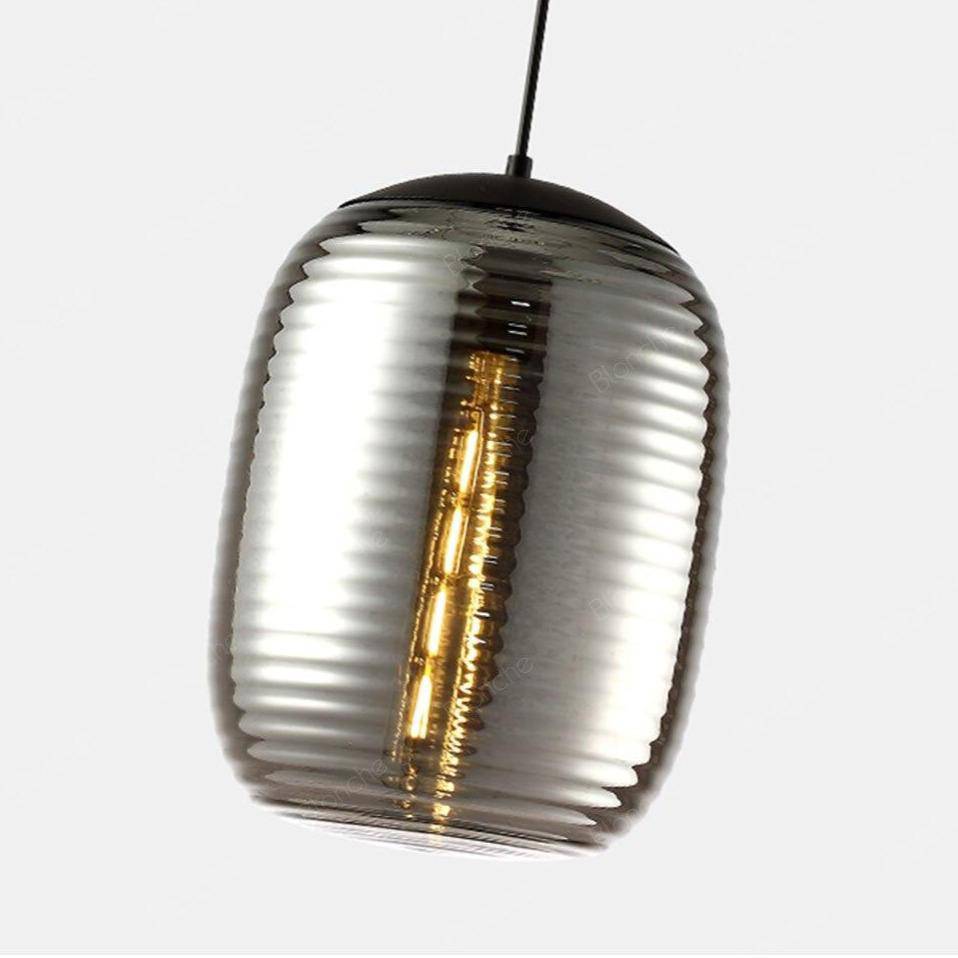 Suspension design LED en verre oval à traits et métal industriel - vue 6 sur 8