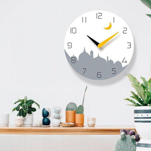 Horloge murale ronde avec dessin ville et lune jaune 30cm - vue 3 sur 4