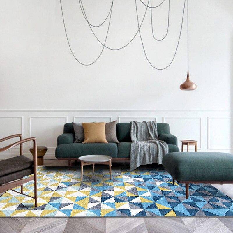 Tapis rectangle scandinave géométriques à triangles bleus et jaunes - vue 3 sur 3