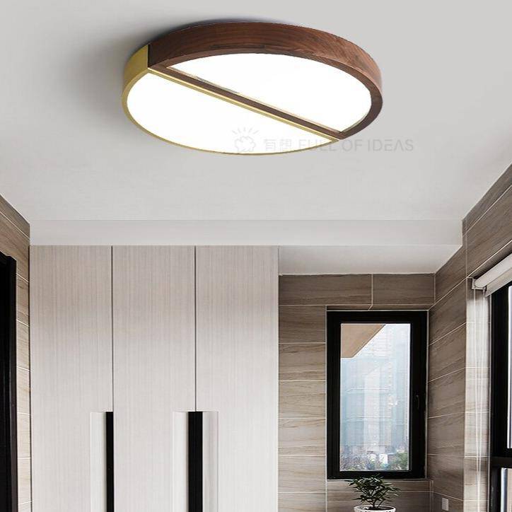 Plafonnier design à LED rond en bois et métal doré - vue 5 sur 7