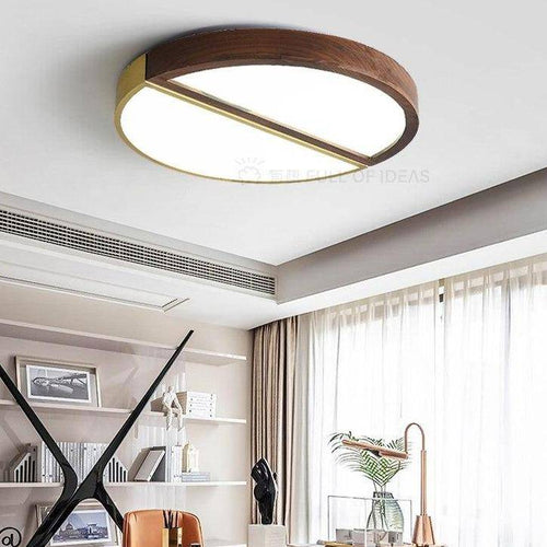 Plafonnier design à LED rond en bois et métal doré - vue 4 sur 7