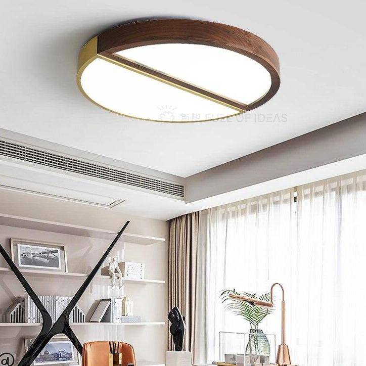 Plafonnier design à LED rond en bois et métal doré - vue 4 sur 7