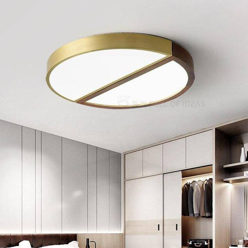 Plafonnier design à LED rond en bois et métal doré - vue 3 sur 7