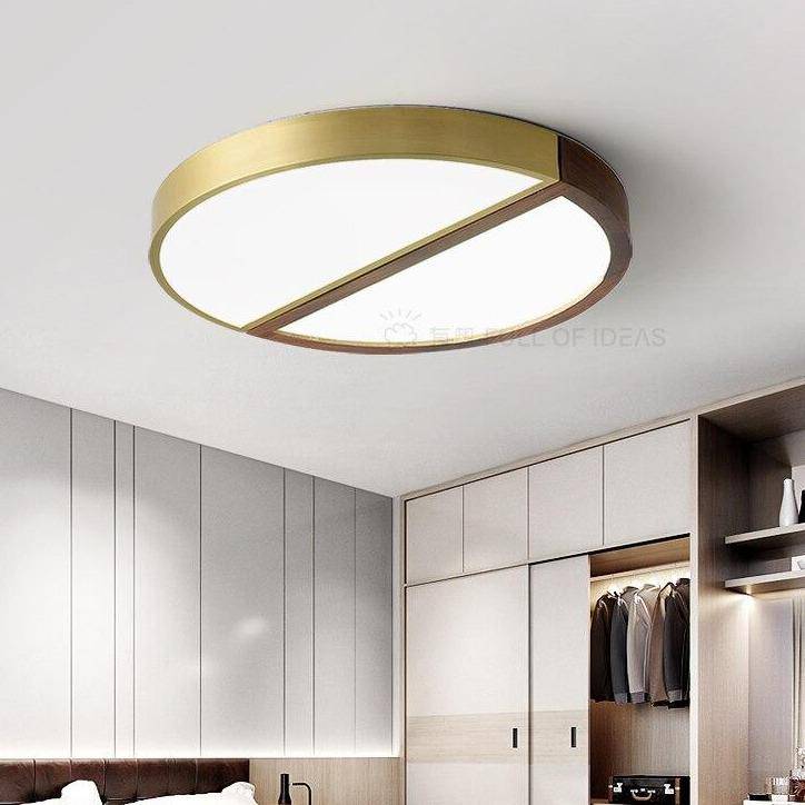 Plafonnier design à LED rond en bois et métal doré - vue 3 sur 7