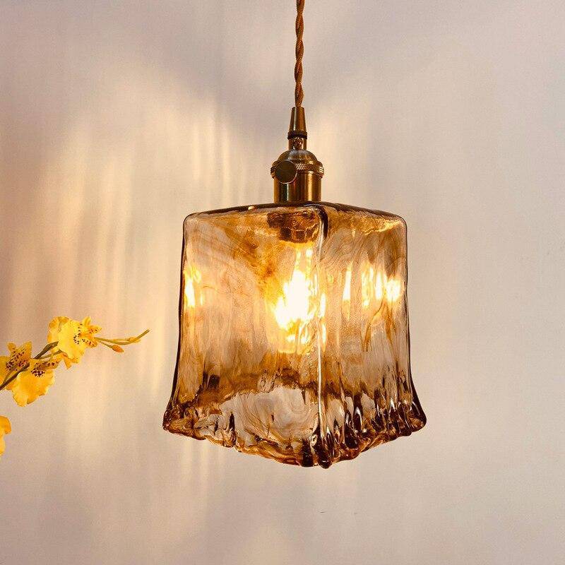 Suspension design à LED avec abat-jour en verre cuivré rétro