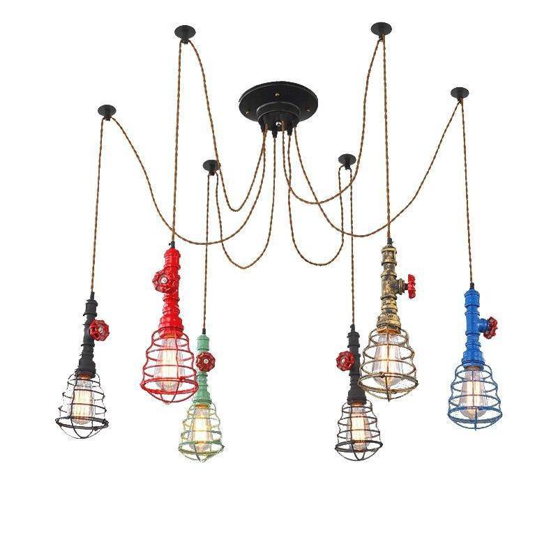 Lustre industriel LED avec plusieurs abat-jours cage en métal coloré