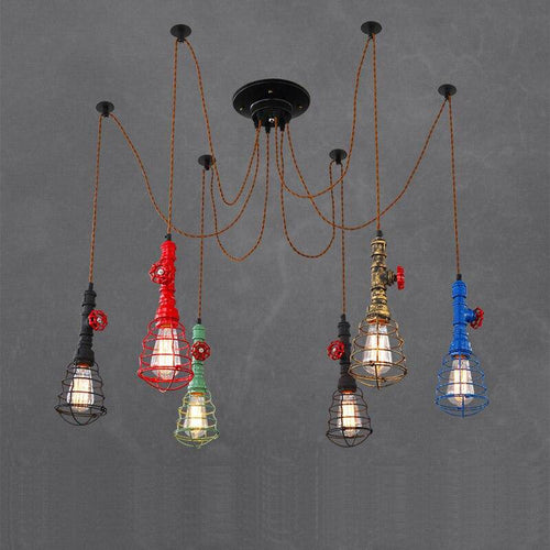 Lustre industriel LED avec plusieurs abat-jours cage en métal coloré - vue 3 sur 14