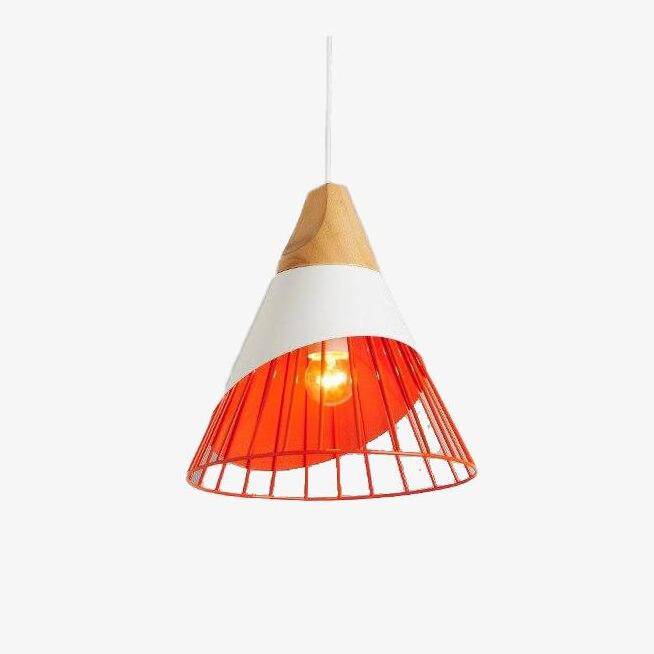 Suspension conique en bois et cage colorée en aluminium