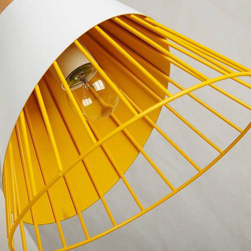 Suspension conique en bois et cage colorée en aluminium
