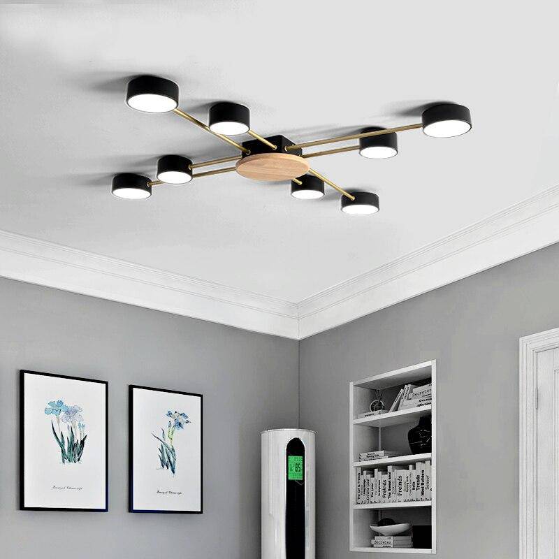 Plafonnier LED design en métal et bois avec plusieurs lampes rondes Aibiou