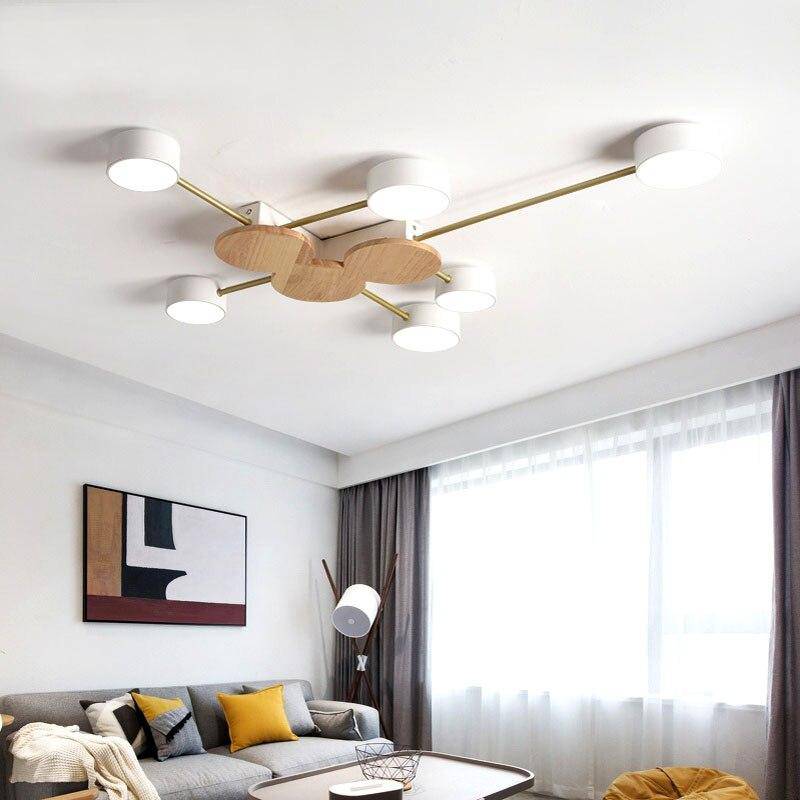 Plafonnier LED design en métal et bois avec plusieurs lampes rondes Aibiou