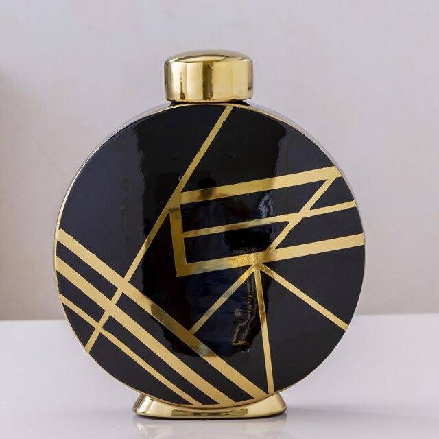 Vase design noir aux motifs géométriques abstraits dorés Luxury - vue 8 sur 9