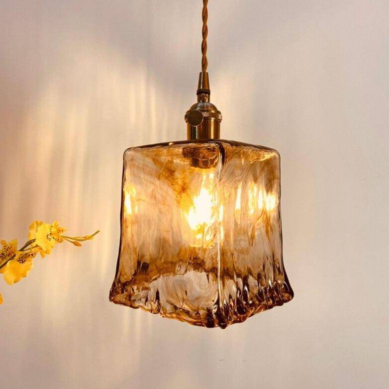 Suspension design à LED avec abat-jour en verre ambré Rétro