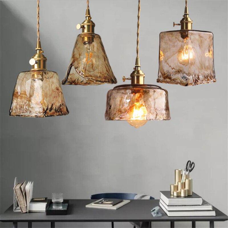 Suspension design à LED avec abat-jour en verre ambré Rétro