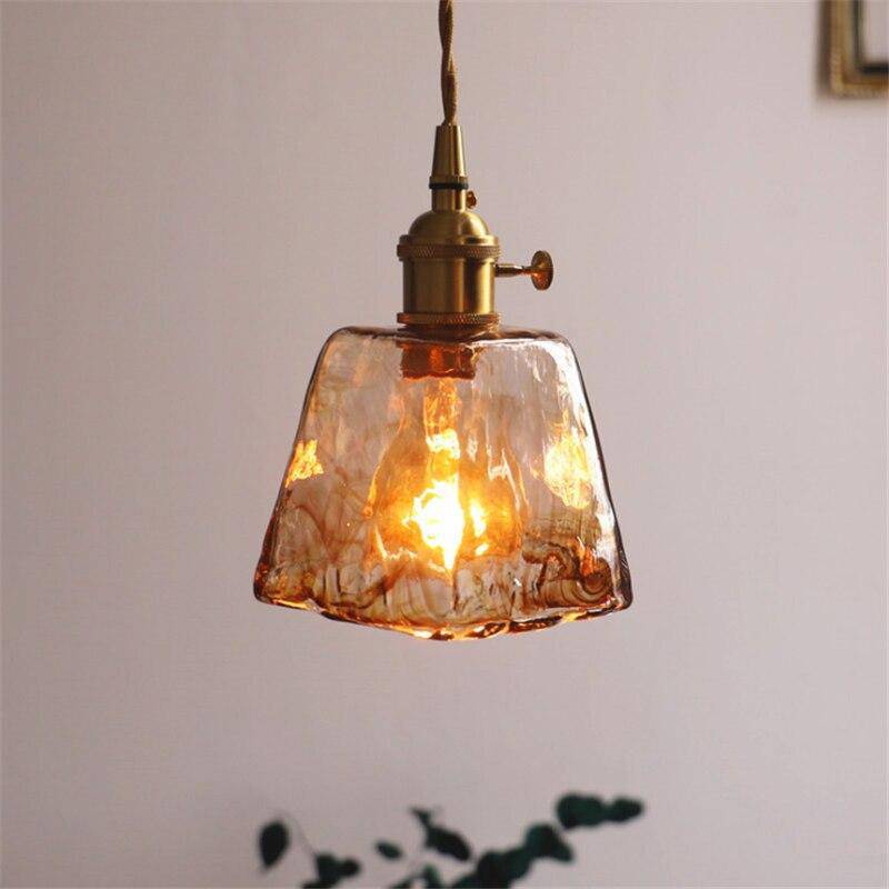 Suspension design à LED avec abat-jour en verre ambré Rétro