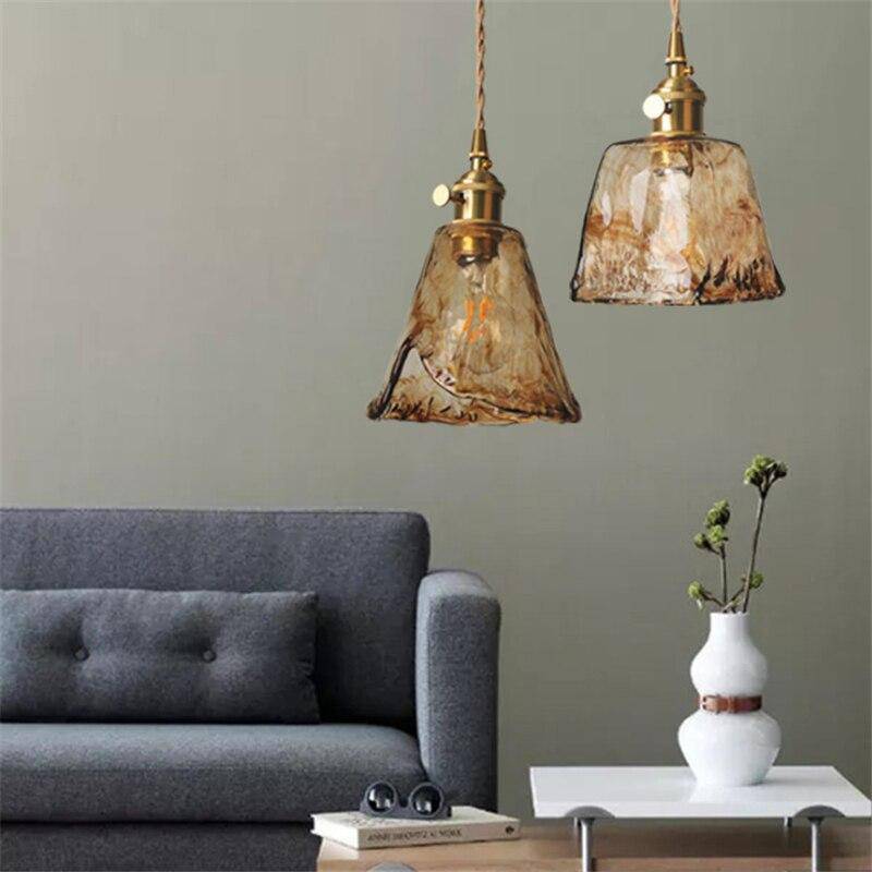 Suspension design à LED avec abat-jour en verre ambré Rétro