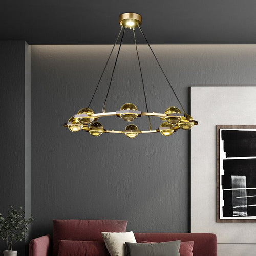 Lustre moderne luxe circulaire en cuivre et cristal Pryccilia - vue 3 sur 10