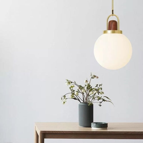 Suspension moderne LED abat-jour en verre et détails en bois Ona - vue 4 sur 9