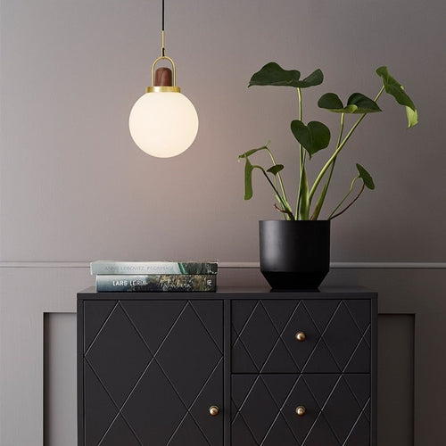 Suspension moderne LED abat-jour en verre et détails en bois Ona - vue 5 sur 9