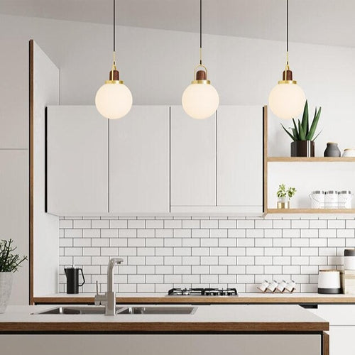 Suspension moderne LED abat-jour en verre et détails en bois Ona - vue 6 sur 9