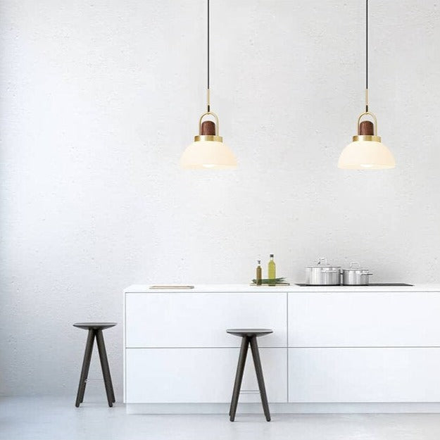 Suspension moderne LED abat-jour en verre et détails en bois Ona - vue 8 sur 9