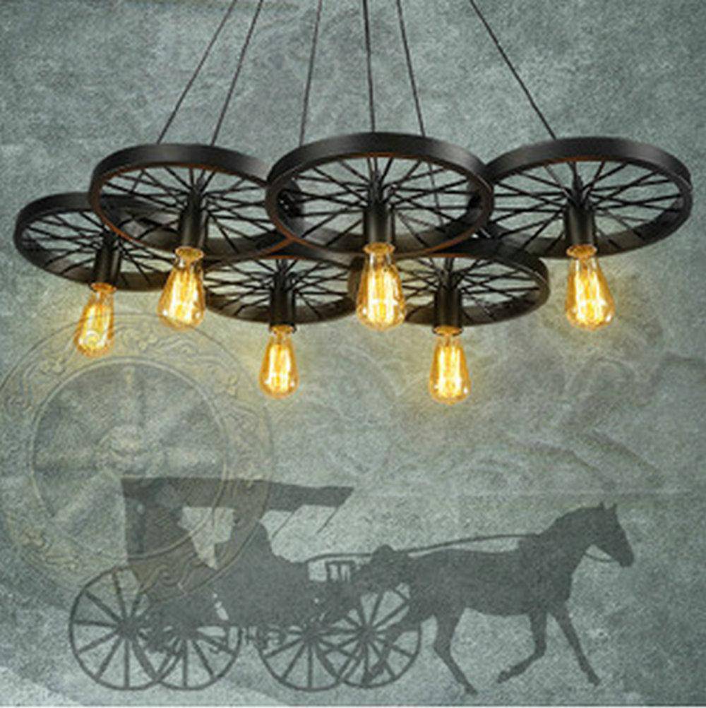 Suspension antique et rustique en forme de roue avec lampes apparantes - vue 3 sur 5