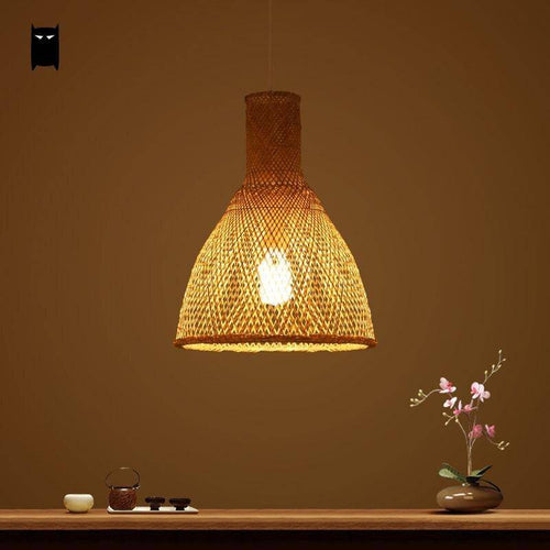 Suspension en rotin LED avec abat-jour arrondi de couleur beige - vue 2 sur 3