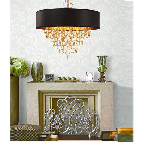 Lustre moderne avec abat-jour rond noir et détails dorés - vue 3 sur 7
