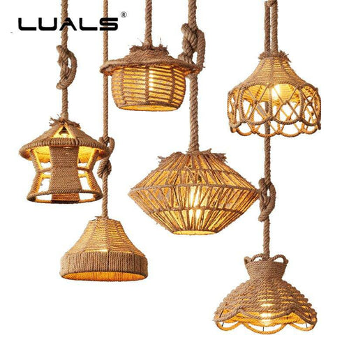 Suspension rustique LED avec abat-jour de plusieurs formes et cordage - vue 9 sur 8
