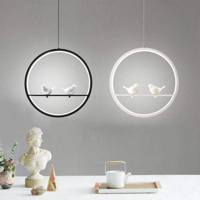 Suspension LED moderne rond avec oiseaux (noir ou blanc) - vue 2 sur 10