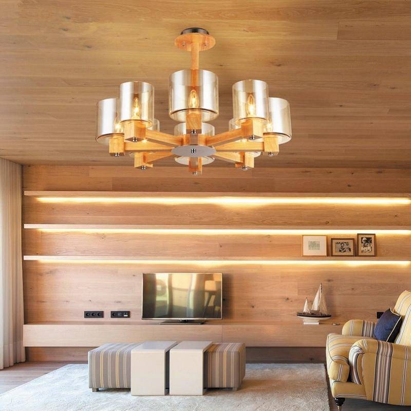 Lustre design en bois et abat-jour en verre - vue 6 sur 6