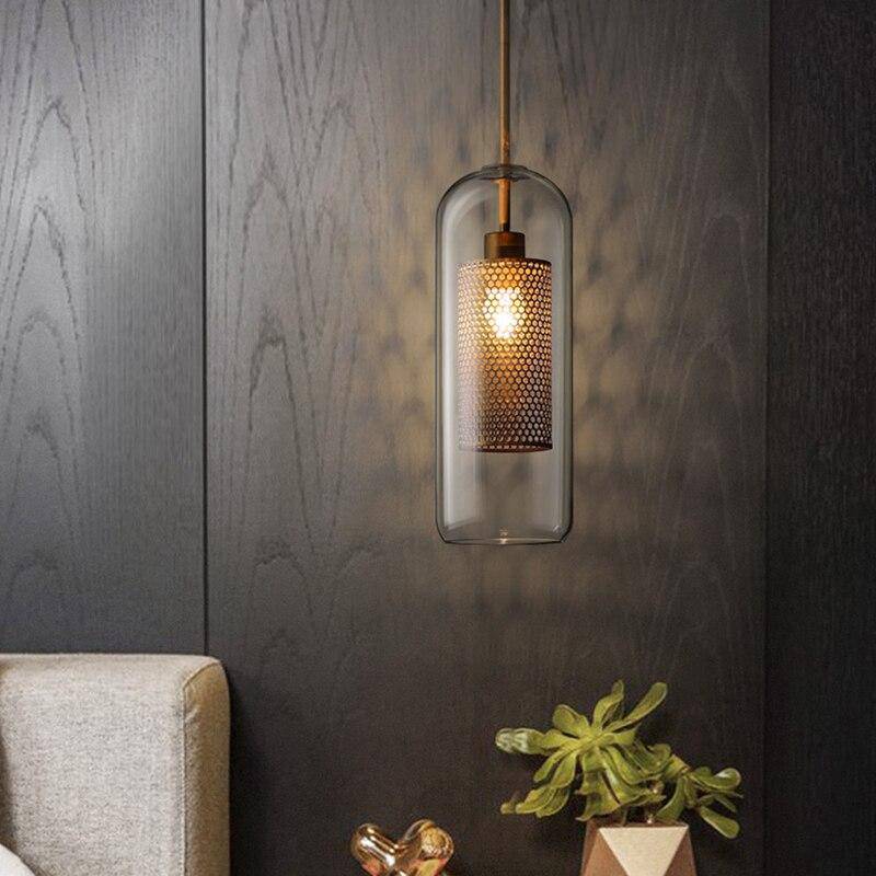 Suspension design LED avec abat-jour industriel et boule en verre Loft