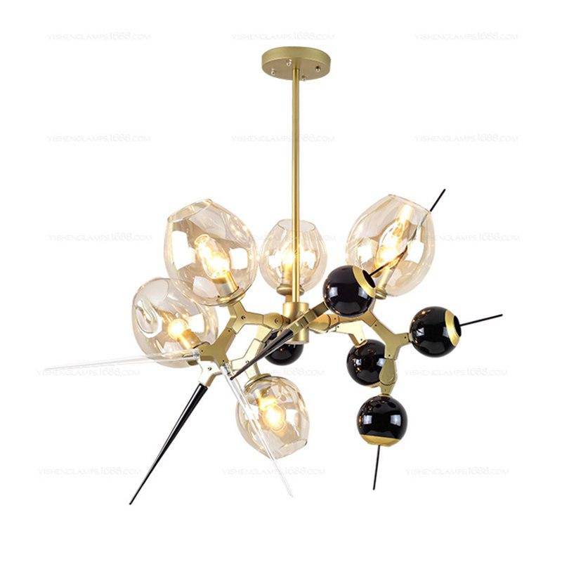 Lustre design à LED moderne doré et noir avec boules en verre et pics - vue 3 sur 12